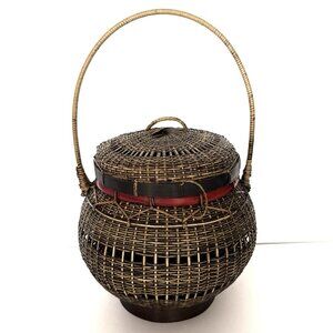 Vintage Chinese Basket With Lid & Handle Hand Woven Split Bamboo Asian Hanging